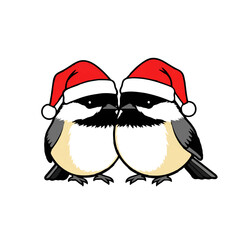 Obraz premium Two Chickadees Wear Santa Hats for Christmas