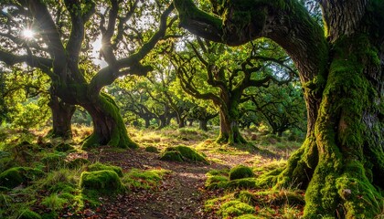 Sunlit, mossy woodland path