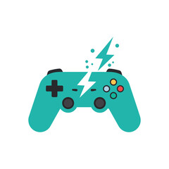 A teal video game controller with a lightning bolt striking through it, symbolizing power or a glitch.