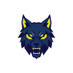 A fierce, stylized dark blue wolf head with glowing yellow eyes and bared fangs, depicted in a mascot or logo style.