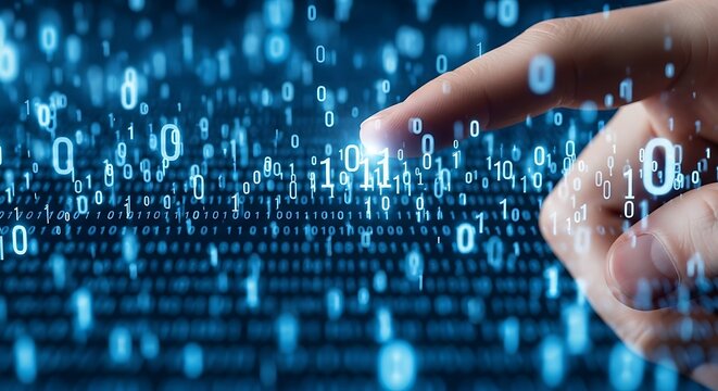 Hand interacting with a flowing stream of binary code and digital data