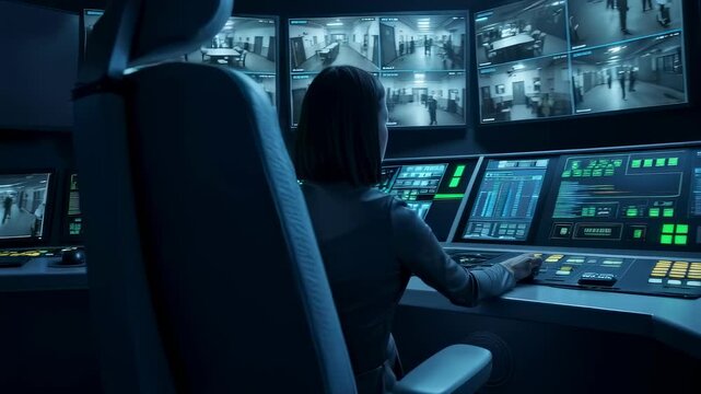 Monitoring a control room with multiple security camera feeds showing prisoners in a surveillance system, prison concept.