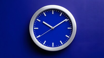 A minimalist, modern blue analog wall clock displaying the current time with numeric markings on a dark blue background.