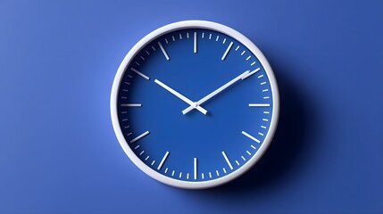 A minimalist, white analog wall clock mounted on a vibrant blue background, displaying the current time with precision.