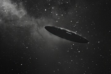 Obraz premium A grayscale image depicts a sleek, dark, oblong object resembling a spacecraft, subtly illuminated, floating against a backdrop of a star-filled galaxy with nebulae