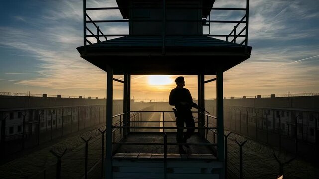Silhouette of a man guard in border patrol uniform with a rifle at a watch tower overlooking a prison facility at sunrise and looking at the dawn, video