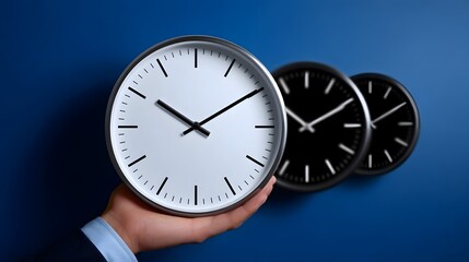 Close-up view of multiple analog wall clocks showcasing their minimalist, sleek designs against a deep blue backdrop.