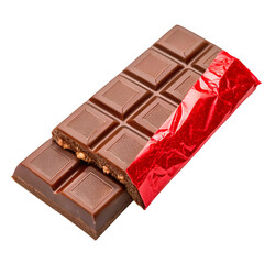 a chocolate bar partially unwrapped with red foil