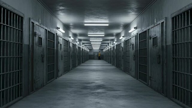 Long prison corridor with numerous cell doors, bars, and a man walking down the hall, detention theme footage.