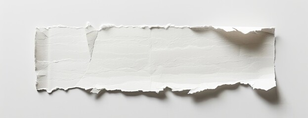 A horizontally oriented, irregularly torn piece of white paper rests on a plain white background, creating a textured, blank space ideal for text or design elements