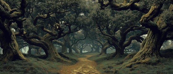 Dark, enchanting forest path lined with twisted trees.