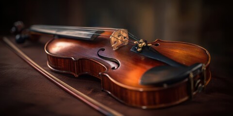 Fototapeta premium The elegant violin resting on a rich brown surface with bow nearby.