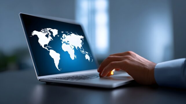 A businessman's hands typing on a laptop computer displaying a detailed world map, symbolizing global connectivity, data analysis, and business strategy.