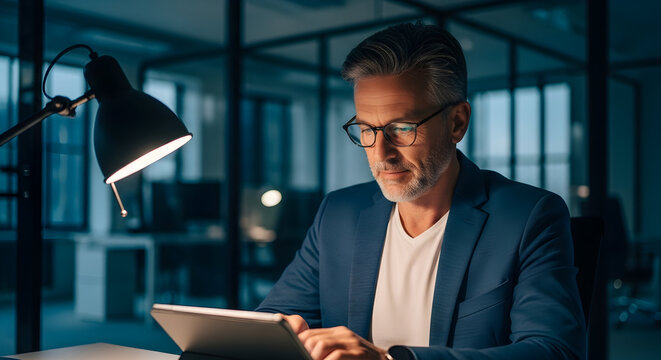 Focused businessman working late night on tablet digital technology modern office success entrepreneur professional career ambition business plan strategy leadership corporate management