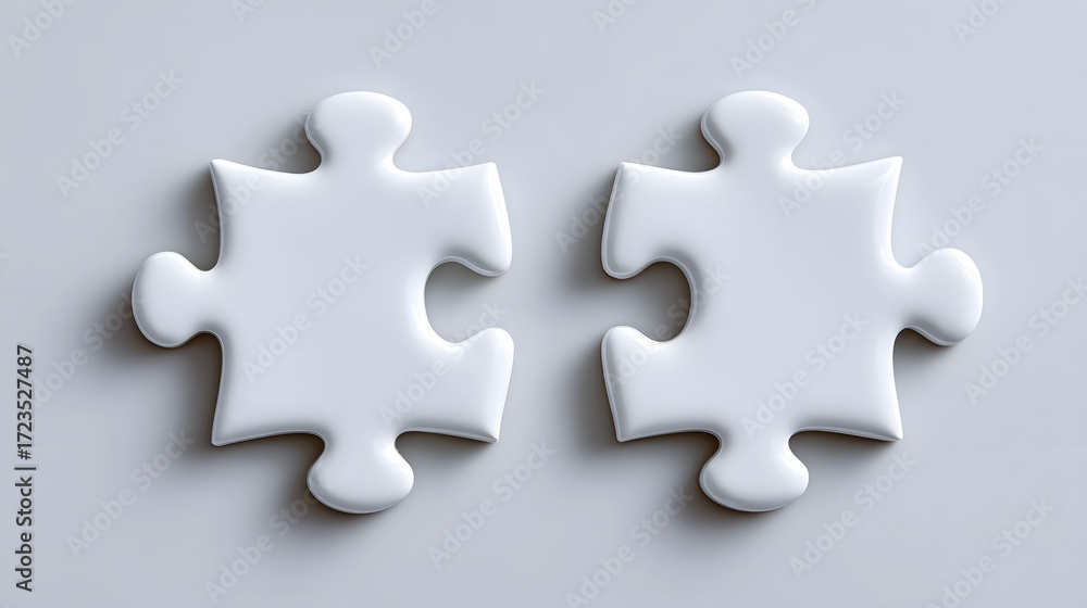 Poster two matching white jigsaw puzzle pieces arranged to form a complete shape, representing connection, 