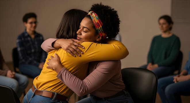 Support Group Therapy Session Emotional Healing Embrace Women Friendship Comfort Care MentalHealth Wellbeing Sisterhood Togetherness Solidarity Empathy Understanding Kindness Compassionate Caregiver - Powered by Adobe