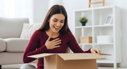 Happy woman opening a package at home receiving a surprise gift delivery joyful expression unpacking box online shopping ecommerce retail customer satisfaction