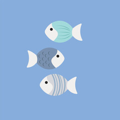 Three fish on blue tile. Flat vector of three stylized fish on blue background, aquatic, playful pattern.