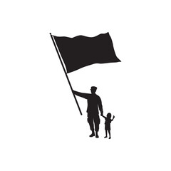 Parent and child with flag silhouette. Silhouette of adult and child holding a flag, unity, freedom, family values.