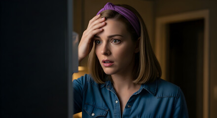 Worried woman working late at night on computer screen stress tired exhausted deadline problem solution technology digital work online job employee business