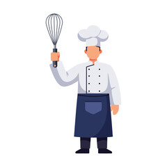 A male chef in a white uniform and blue apron holds up a wire whisk, depicted in a flat vector illustration style.