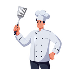 A chef in a white uniform and hat holds a spatula, ready to cook.