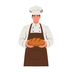 A baker in a chef's uniform holding a loaf of bread.