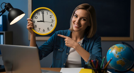 Woman Teacher Showing Time Management Skills Late Night Studying Education Clock