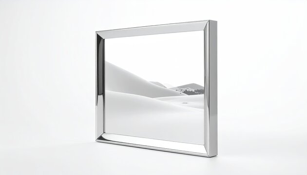 A minimalist, silver-framed image showcasing a serene desert landscape with gently rolling sand dunes under a clear sky, set against a stark white background