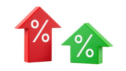 Red and green upward arrows with percentage signs isolated on transparent background