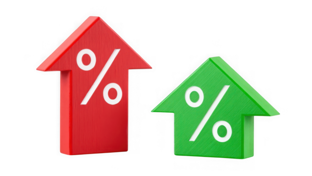 Red and green upward arrows with percentage signs isolated on transparent background