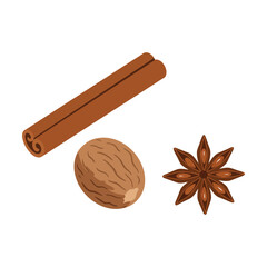A collection of whole spices including a cinnamon stick, nutmeg, and star anise on a white background.
