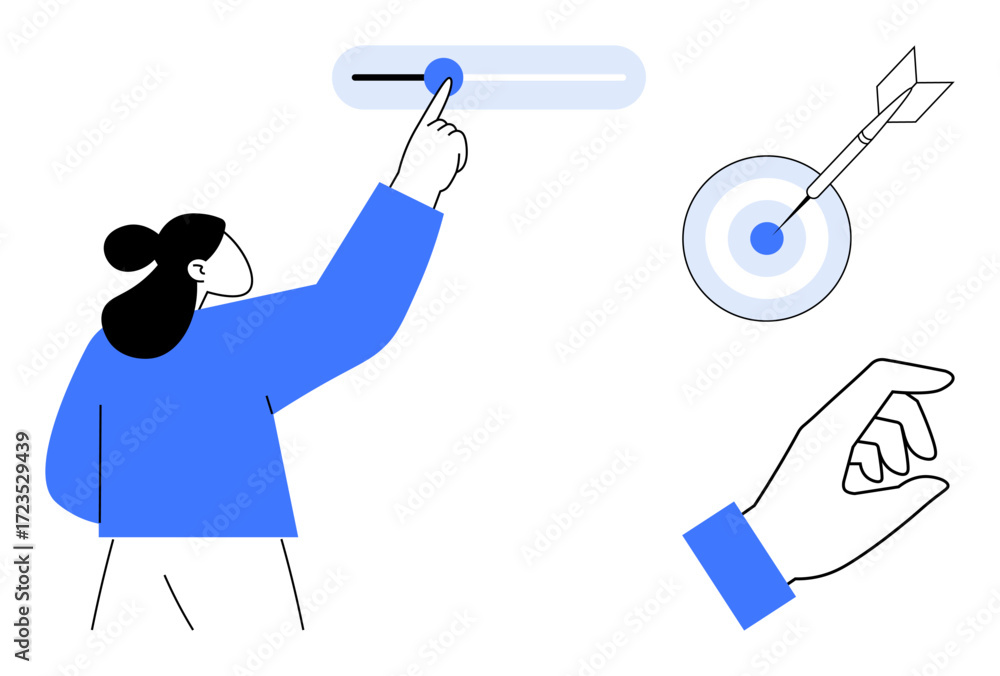 Poster person adjusting slider control for customization, target with dart symbolizing goals, hand gesture 