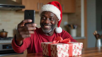 Senior African American man wearing Santa hat taking selfie at kitchen island with wrapped gift box