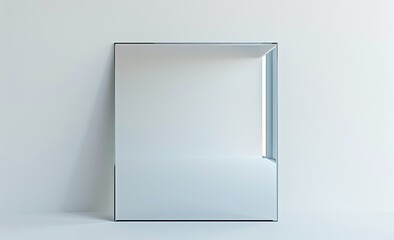 A rectangular mirror with beveled edges stands against a white wall, reflecting a minimalist room