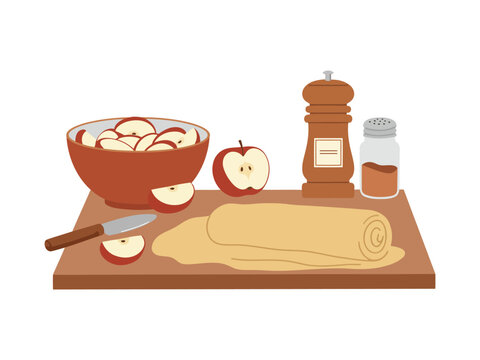 apples, dough, spices on wooden cutting board clip art preview