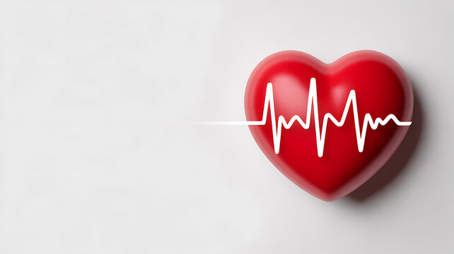 Red heart with electrocardiogram line symbolizing heartbeat and health monitoring