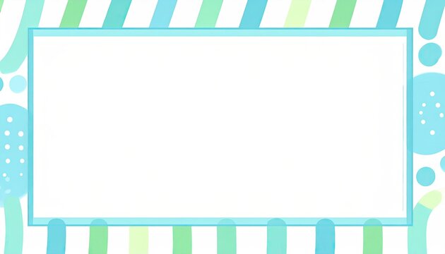 A rectangular white space framed by a light blue border sits against a background of pastel diagonal stripes and abstract shapes
