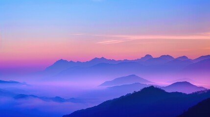 Obraz premium Mountain Sunrise/Sunset Landscapes: Misty Valleys, Blue Skies & Forest Hill Silhouettes
