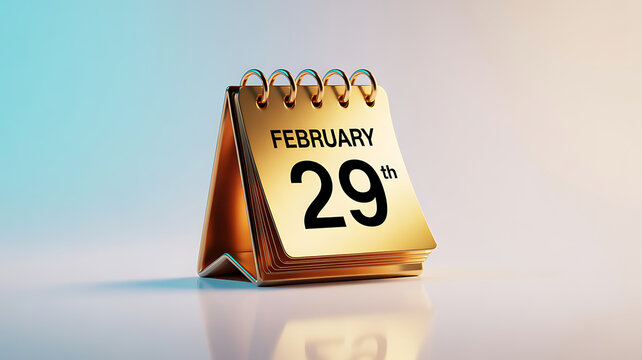 A golden desk calendar displaying February 29th, highlighting a leap day date with a reflective surface and soft lighting.