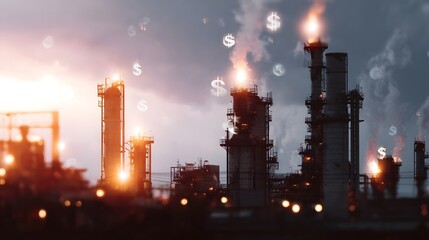 Fototapeta premium Industrial plant at dusk with glowing dollar signs symbolizing economic impact