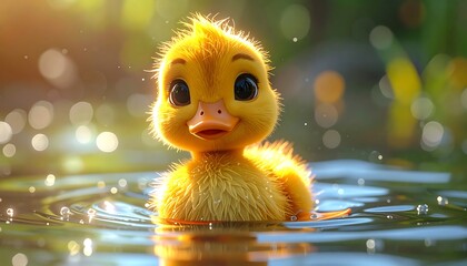 Cute duckling in water, sunlit