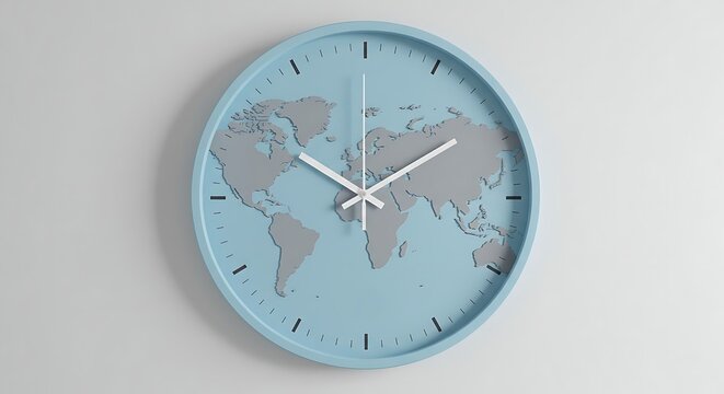 World Map Clock Pastel Blue on White Wall Showing Time - Powered by Adobe