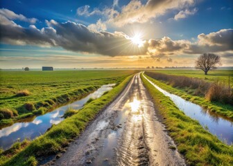 Fototapeta premium Muddy road in Dutch meadow under sun
