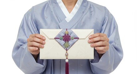 A man in hanbok holding an envelope expresses gratitude to someone.