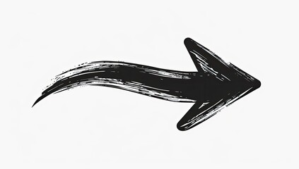 A stylized black arrow, rendered with a painterly, textured brushstroke effect, curves gently to the right, culminating in a sharp triangular point