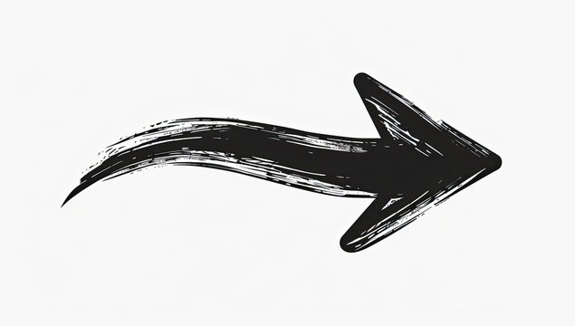 A stylized black arrow, rendered with a painterly, textured brushstroke effect, curves gently to the right, culminating in a sharp triangular point