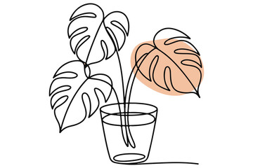Single line art of tropical monstera leaves in pot minimalist plant decor vector
