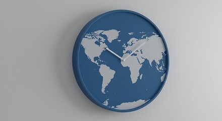 Blue Wall Clock Showing World Map on Gray Wall Decor