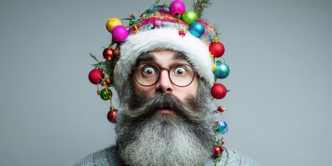The bearded man with festive hat and colorful ornaments portrays holiday cheer.
